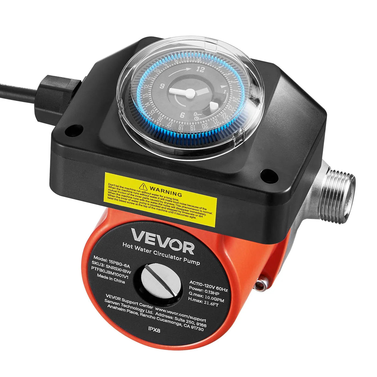 VEVOR karstā ūdens recirkulācijas sūknis ar taimeri, 38 l/min, tūlītējas recirkulācijas komplekts, 100 W, AC 220–240 V, G3/4 līdz G1/2 savienotājs, apkures katliem un saules ūdens sildītājiem