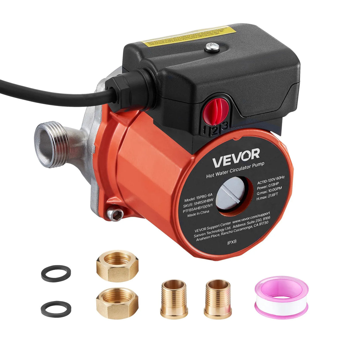 VEVOR karstā ūdens recirkulācijas sūknis, 38 l/min, tūlītējas cirkulācijas sistēma, 3 ātrumu regulēšana, 100 W, AC 220–240 V, G3/4 līdz G1/2 adapteris, nerūsējošā tērauda sūkņa galva, ūdens sildītāju sistēmām