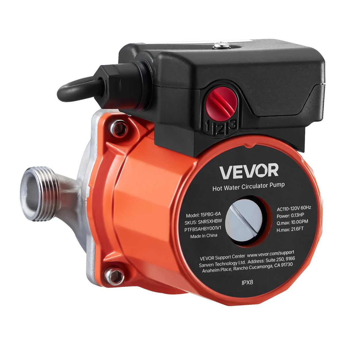 VEVOR karstā ūdens recirkulācijas sūknis, 38 l/min, tūlītējas cirkulācijas sistēma, 3 ātrumu regulēšana, 100 W, AC 220–240 V, G3/4 līdz G1/2 adapteris, nerūsējošā tērauda sūkņa galva, ūdens sildītāju sistēmām
