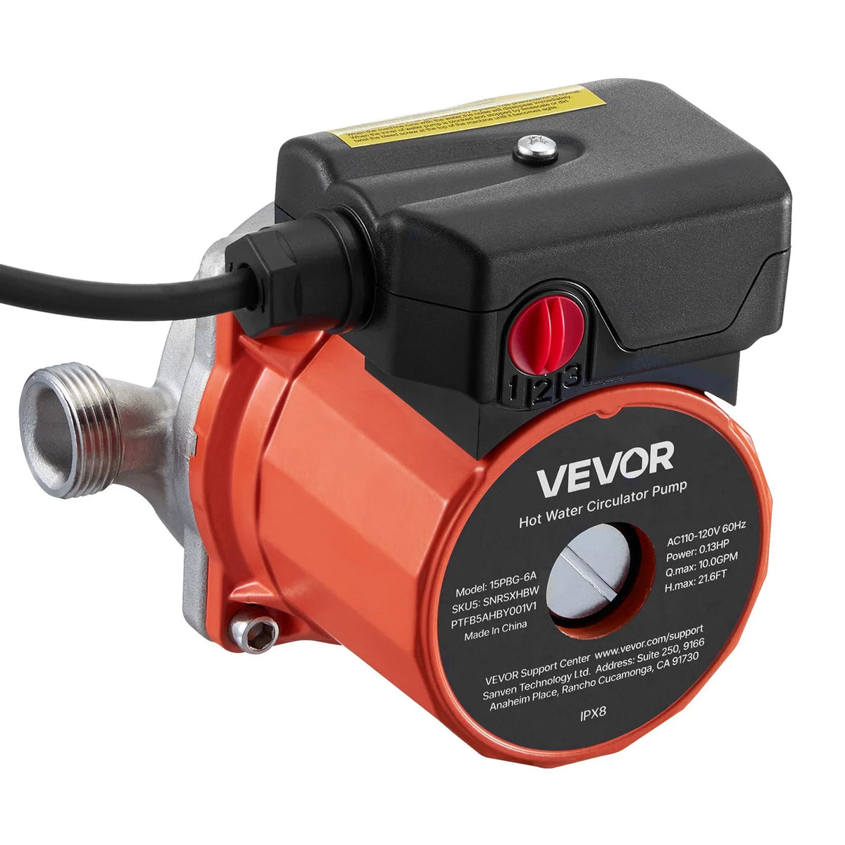 VEVOR karstā ūdens recirkulācijas sūknis, 38 l/min, tūlītējas cirkulācijas sistēma, 3 ātrumu regulēšana, 100 W, AC 220–240 V, G3/4 līdz G1/2 adapteris, nerūsējošā tērauda sūkņa galva, ūdens sildītāju sistēmām