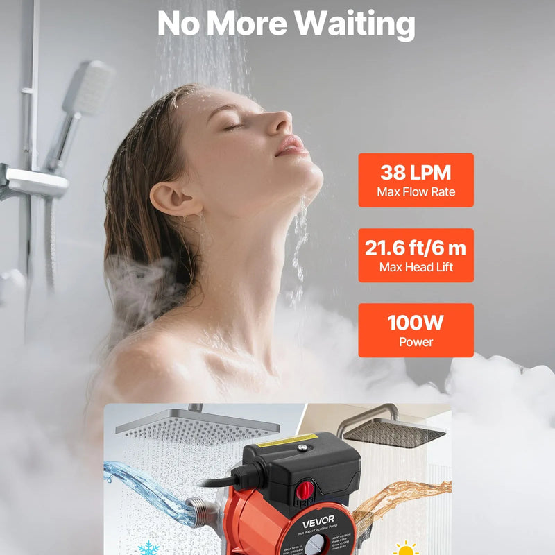 VEVOR karstā ūdens recirkulācijas sūknis, 38 l/min, tūlītējas cirkulācijas sistēma, 3 ātrumu regulēšana, 100 W, AC 220–240 V, G3/4 līdz G1/2 adapteris, nerūsējošā tērauda sūkņa galva, ūdens sildītāju sistēmām