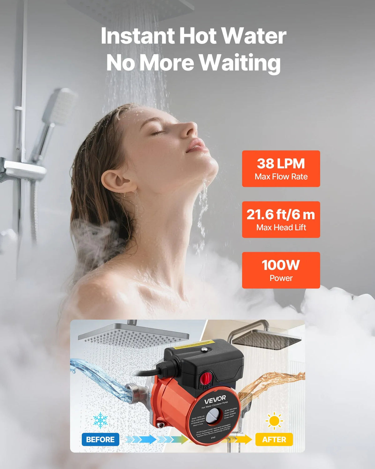 VEVOR karstā ūdens recirkulācijas sūknis, 38 l/min, tūlītējas cirkulācijas sistēma, 3 ātrumu regulēšana, 100 W, AC 220–240 V, G3/4 līdz G1/2 adapteris, nerūsējošā tērauda sūkņa galva, ūdens sildītāju sistēmām