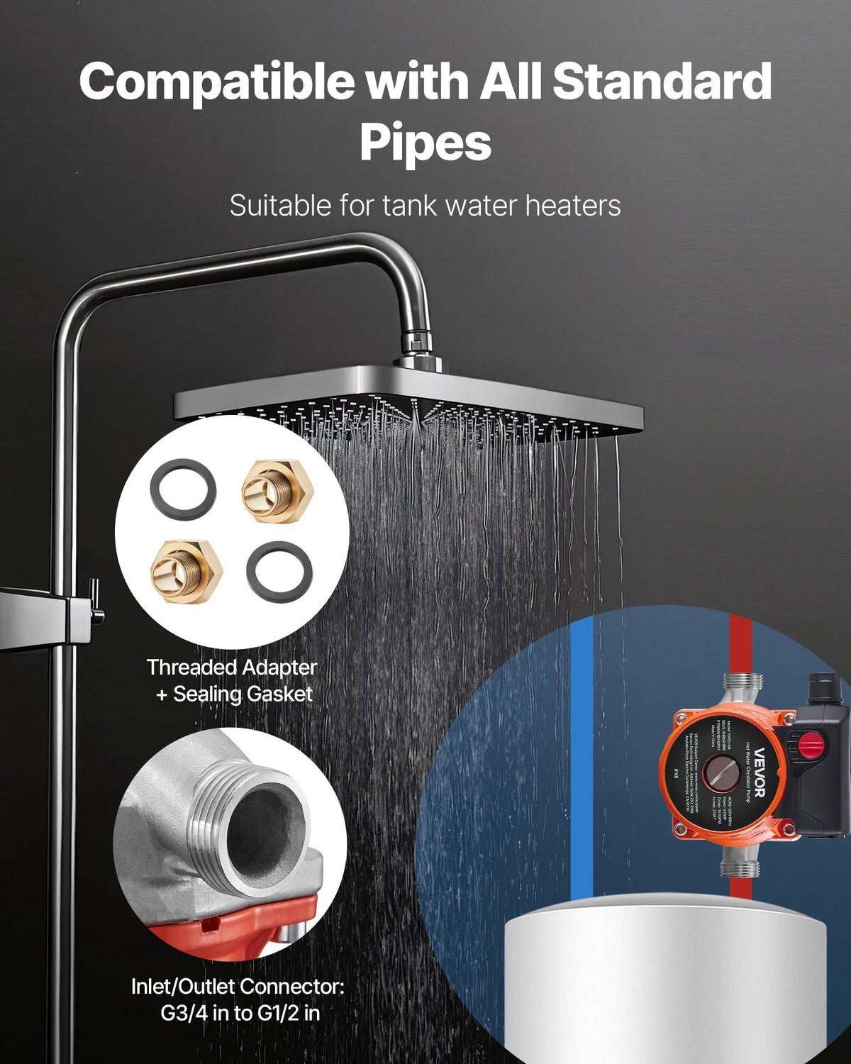 VEVOR karstā ūdens recirkulācijas sūknis, 38 l/min, tūlītējas cirkulācijas sistēma, 3 ātrumu regulēšana, 100 W, AC 220–240 V, G3/4 līdz G1/2 adapteris, nerūsējošā tērauda sūkņa galva, ūdens sildītāju sistēmām