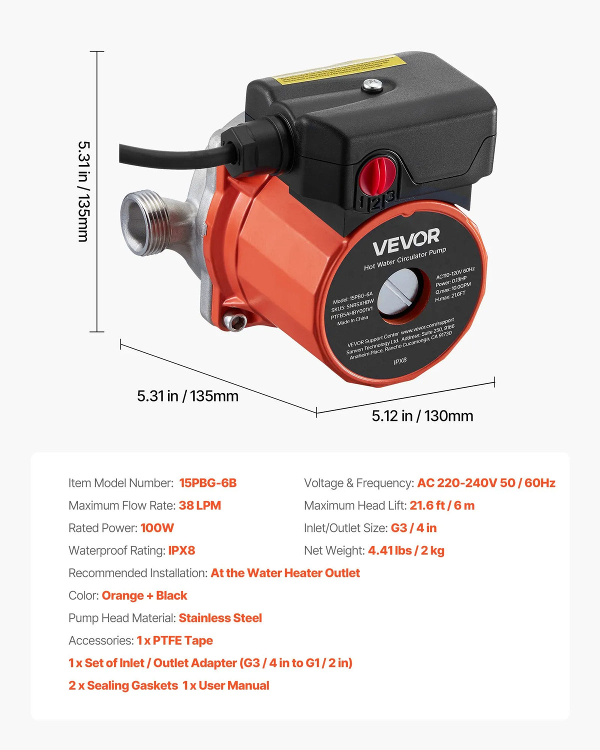 VEVOR karstā ūdens recirkulācijas sūknis, 38 l/min, tūlītējas cirkulācijas sistēma, 3 ātrumu regulēšana, 100 W, AC 220–240 V, G3/4 līdz G1/2 adapteris, nerūsējošā tērauda sūkņa galva, ūdens sildītāju sistēmām