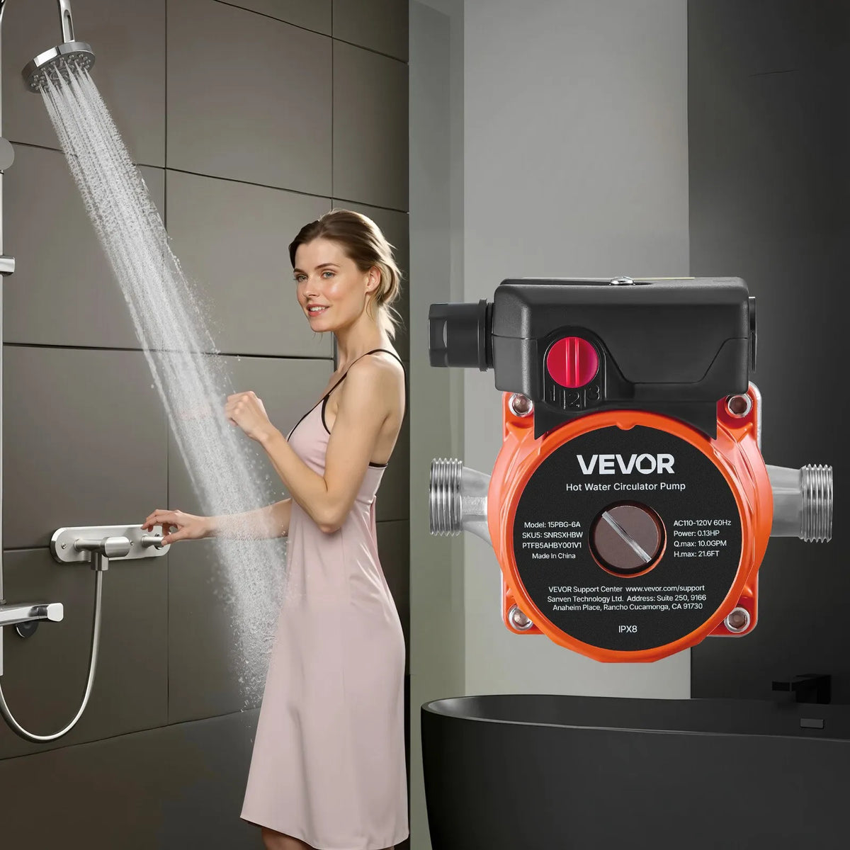 VEVOR karstā ūdens recirkulācijas sūknis, 38 l/min, tūlītējas cirkulācijas sistēma, 3 ātrumu regulēšana, 100 W, AC 220–240 V, G3/4 līdz G1/2 adapteris, nerūsējošā tērauda sūkņa galva, ūdens sildītāju sistēmām