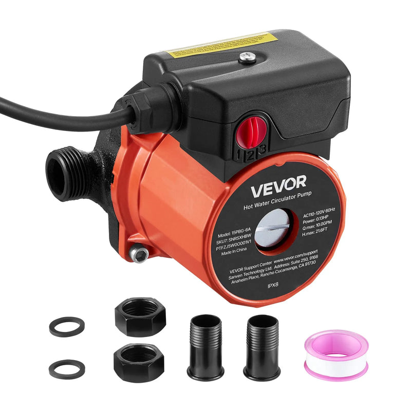VEVOR karstā ūdens recirkulācijas sūknis, 38 l/min, tūlītējas cirkulācijas sistēma, 3 ātrumu regulēšana, 100 W, AC 220–240 V, G3/4 līdz G1/2 adapteris, čuguna sūkņa galva, ūdens sildītāju sistēmām