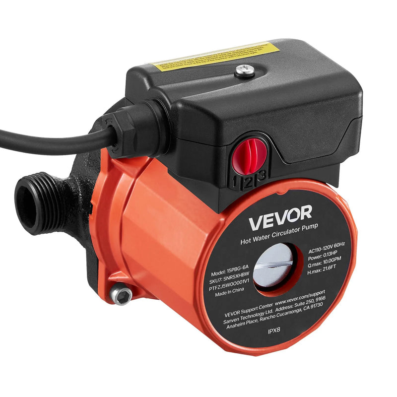 VEVOR karstā ūdens recirkulācijas sūknis, 38 l/min, tūlītējas cirkulācijas sistēma, 3 ātrumu regulēšana, 100 W, AC 220–240 V, G3/4 līdz G1/2 adapteris, čuguna sūkņa galva, ūdens sildītāju sistēmām