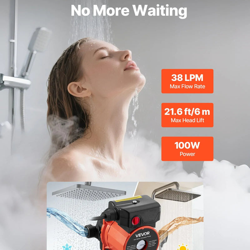 VEVOR karstā ūdens recirkulācijas sūknis, 38 l/min, tūlītējas cirkulācijas sistēma, 3 ātrumu regulēšana, 100 W, AC 220–240 V, G3/4 līdz G1/2 adapteris, čuguna sūkņa galva, ūdens sildītāju sistēmām