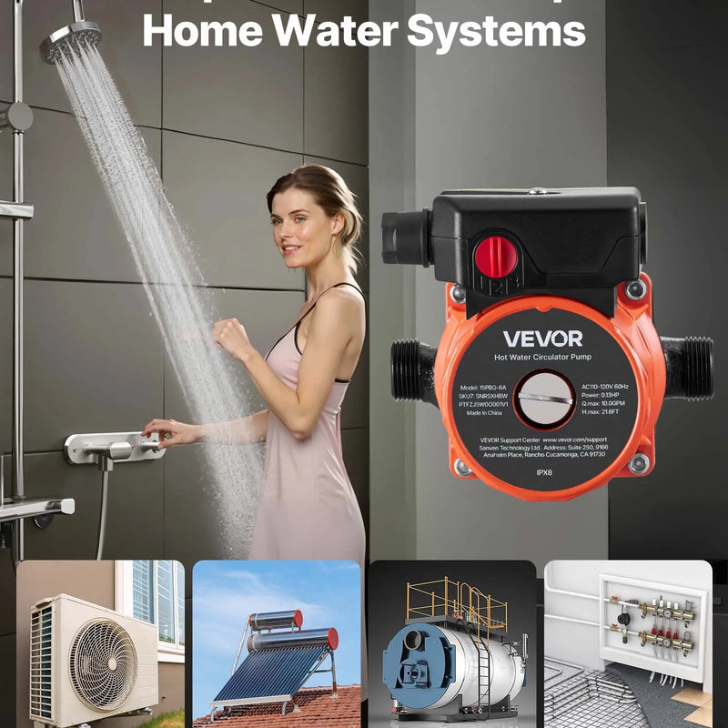 VEVOR karstā ūdens recirkulācijas sūknis, 38 l/min, tūlītējas cirkulācijas sistēma, 3 ātrumu regulēšana, 100 W, AC 220–240 V, G3/4 līdz G1/2 adapteris, čuguna sūkņa galva, ūdens sildītāju sistēmām