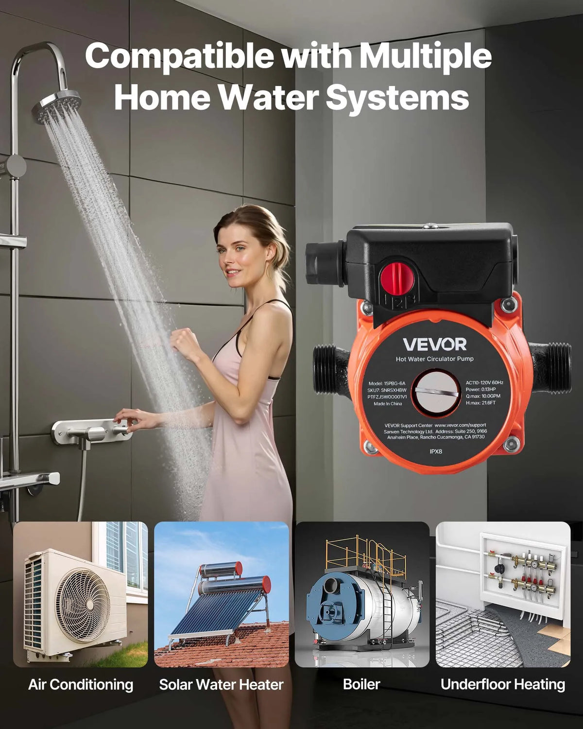 VEVOR karstā ūdens recirkulācijas sūknis, 38 l/min, tūlītējas cirkulācijas sistēma, 3 ātrumu regulēšana, 100 W, AC 220–240 V, G3/4 līdz G1/2 adapteris, čuguna sūkņa galva, ūdens sildītāju sistēmām