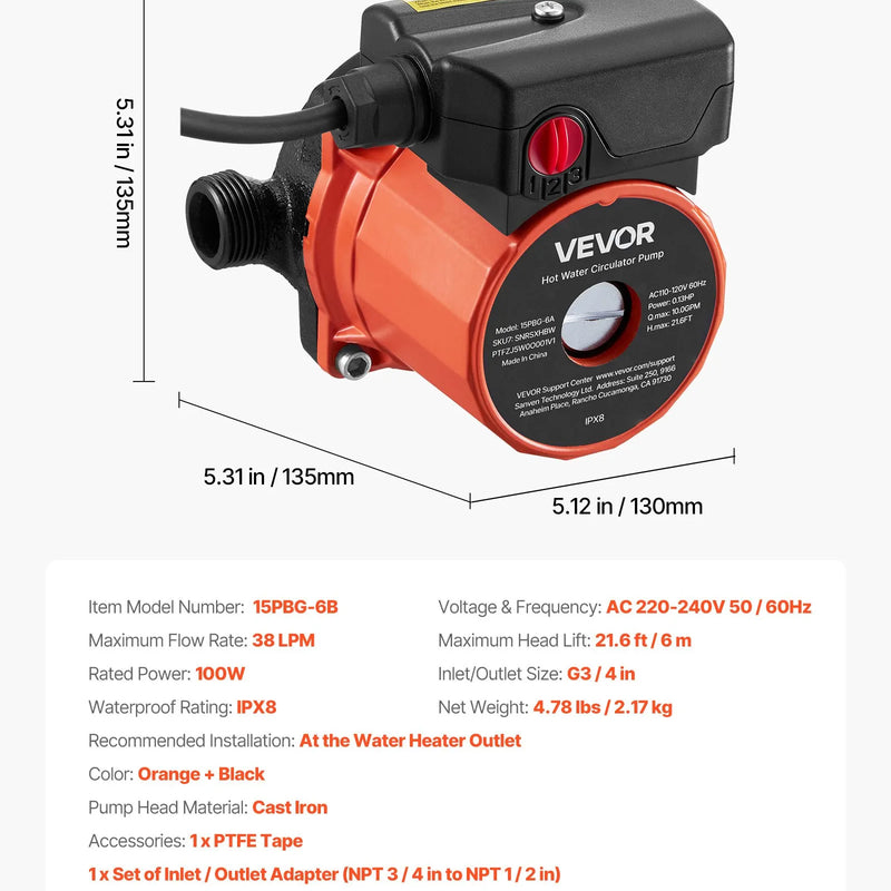 VEVOR karstā ūdens recirkulācijas sūknis, 38 l/min, tūlītējas cirkulācijas sistēma, 3 ātrumu regulēšana, 100 W, AC 220–240 V, G3/4 līdz G1/2 adapteris, čuguna sūkņa galva, ūdens sildītāju sistēmām