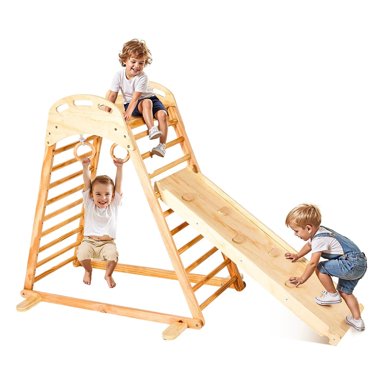 VEVOR iekštelpu rotaļu laukums–džungļu rāmis, 4-in-1 koka kāpšanas rotaļlieta bērniem, Montessori tipa kāpelēšanas komplekts ar klinšu kāpšanas sienu, slidkalniņu, koka kāpnēm un vingrošanas riņķiem, slodze līdz 100 kg
