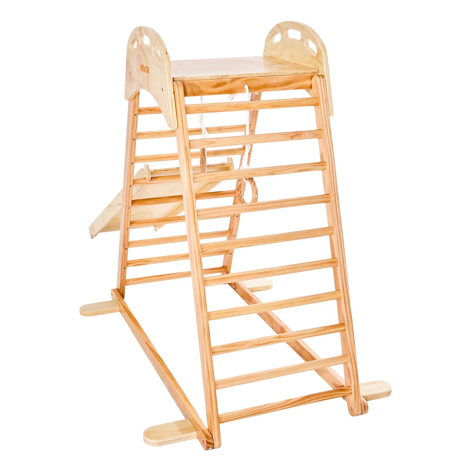 VEVOR iekštelpu rotaļu laukums–džungļu rāmis, 4-in-1 koka kāpšanas rotaļlieta bērniem, Montessori tipa kāpelēšanas komplekts ar klinšu kāpšanas sienu, slidkalniņu, koka kāpnēm un vingrošanas riņķiem, slodze līdz 100 kg