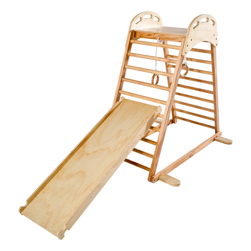 VEVOR iekštelpu rotaļu laukums–džungļu rāmis, 4-in-1 koka kāpšanas rotaļlieta bērniem, Montessori tipa kāpelēšanas komplekts ar klinšu kāpšanas sienu, slidkalniņu, koka kāpnēm un vingrošanas riņķiem, slodze līdz 100 kg