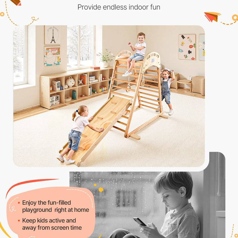VEVOR iekštelpu rotaļu laukums–džungļu rāmis, 4-in-1 koka kāpšanas rotaļlieta bērniem, Montessori tipa kāpelēšanas komplekts ar klinšu kāpšanas sienu, slidkalniņu, koka kāpnēm un vingrošanas riņķiem, slodze līdz 100 kg