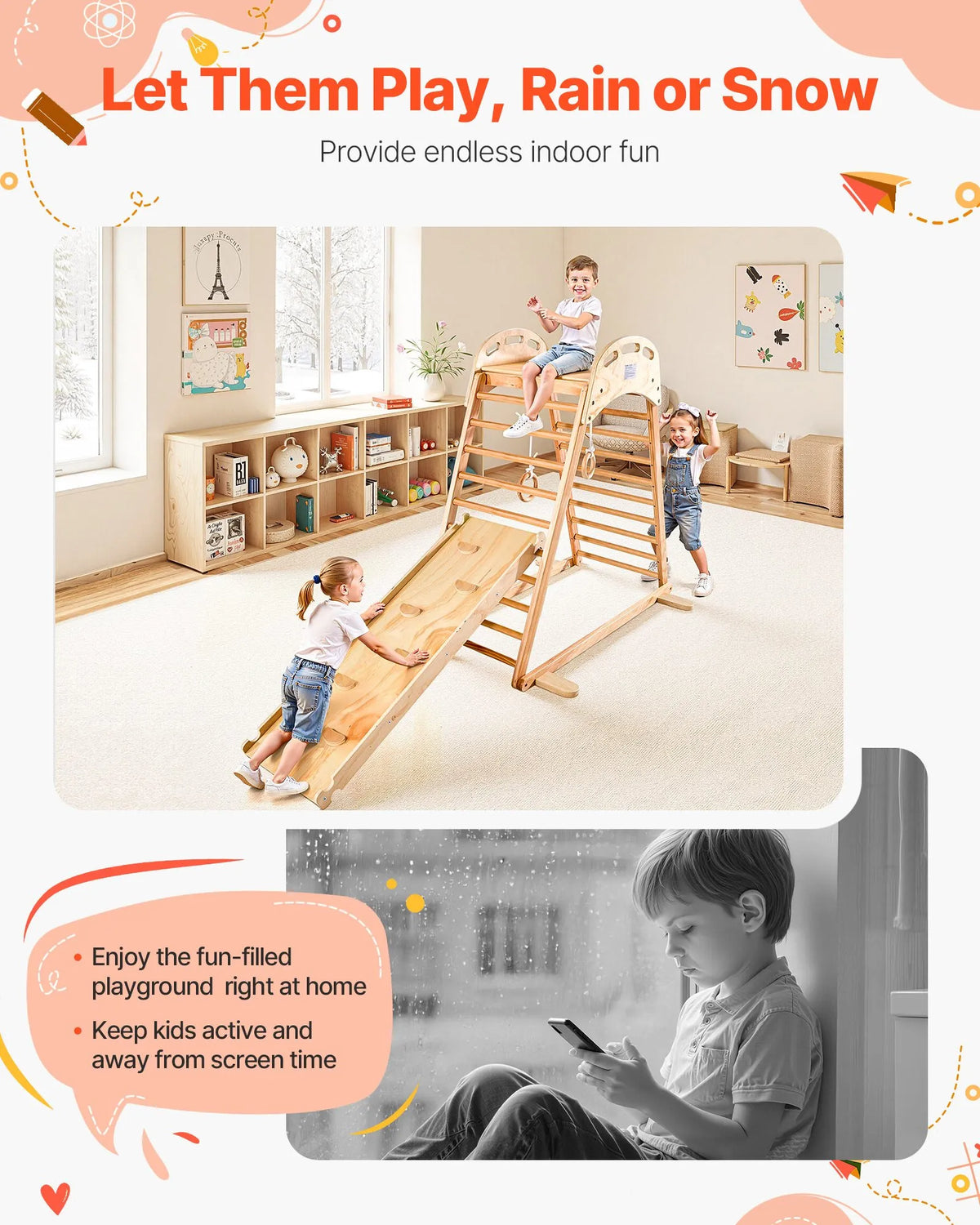 VEVOR iekštelpu rotaļu laukums–džungļu rāmis, 4-in-1 koka kāpšanas rotaļlieta bērniem, Montessori tipa kāpelēšanas komplekts ar klinšu kāpšanas sienu, slidkalniņu, koka kāpnēm un vingrošanas riņķiem, slodze līdz 100 kg