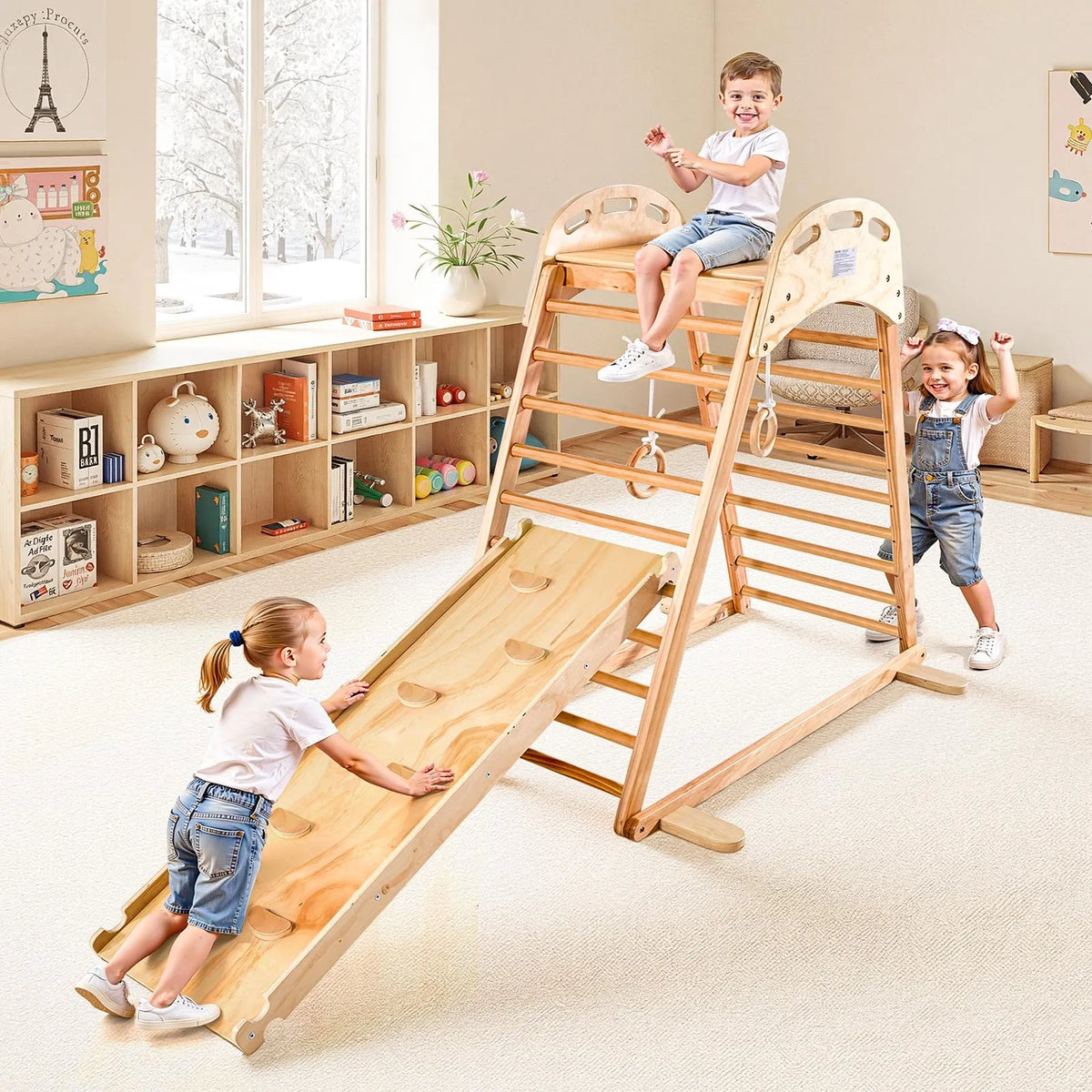 VEVOR iekštelpu rotaļu laukums–džungļu rāmis, 4-in-1 koka kāpšanas rotaļlieta bērniem, Montessori tipa kāpelēšanas komplekts ar klinšu kāpšanas sienu, slidkalniņu, koka kāpnēm un vingrošanas riņķiem, slodze līdz 100 kg