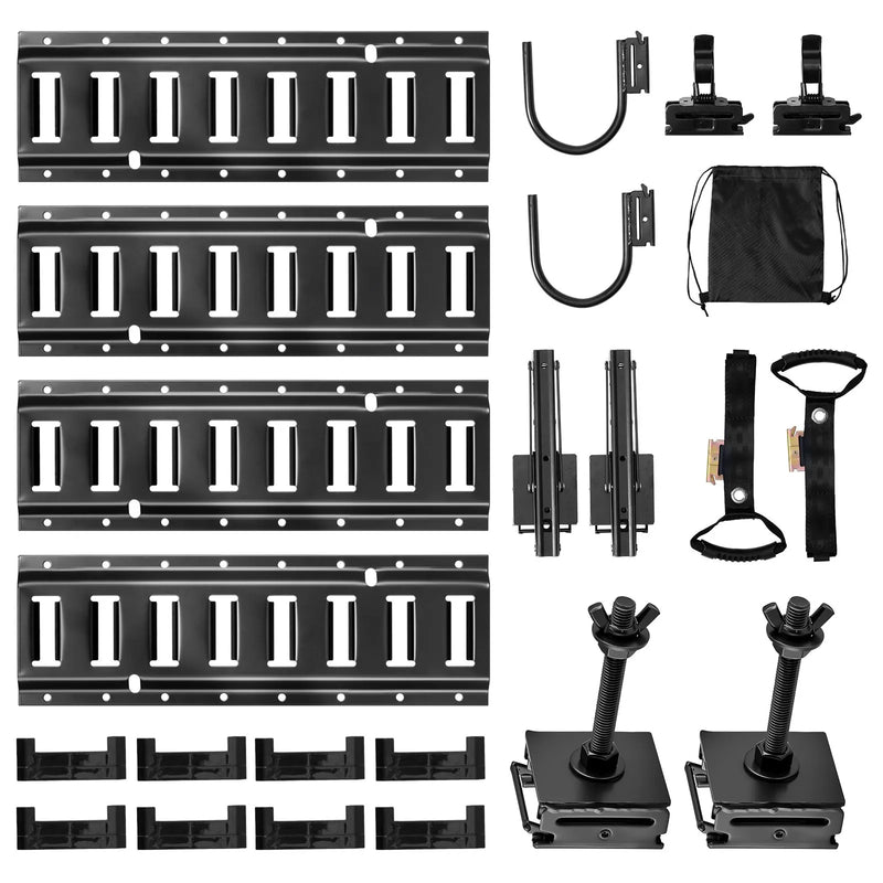 VEVOR E-Track nostiprināšanas sliežu komplekts, 4 gab., 0,4 m E-Track sliedes, 2 U veida āķi, 2 instrumentu turētāji, 2 sliežu plauktu kronšteini, 2 riepu turētāji, 2 kabeļu glabāšanas riņķi, 8 gala vāciņi un 1 soma, piemērots furgoniem un piekabēm