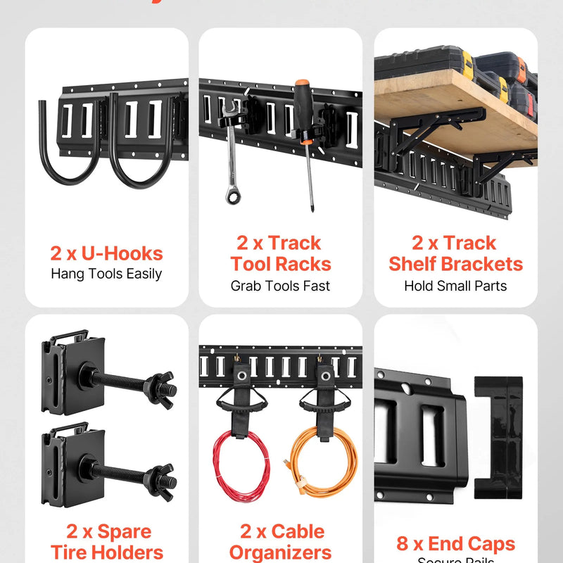 VEVOR E-Track nostiprināšanas sliežu komplekts, 4 gab., 0,4 m E-Track sliedes, 2 U veida āķi, 2 instrumentu turētāji, 2 sliežu plauktu kronšteini, 2 riepu turētāji, 2 kabeļu glabāšanas riņķi, 8 gala vāciņi un 1 soma, piemērots furgoniem un piekabēm
