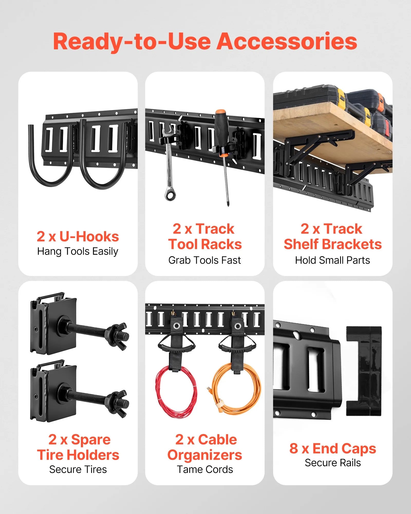 VEVOR E-Track nostiprināšanas sliežu komplekts, 4 gab., 0,4 m E-Track sliedes, 2 U veida āķi, 2 instrumentu turētāji, 2 sliežu plauktu kronšteini, 2 riepu turētāji, 2 kabeļu glabāšanas riņķi, 8 gala vāciņi un 1 soma, piemērots furgoniem un piekabēm