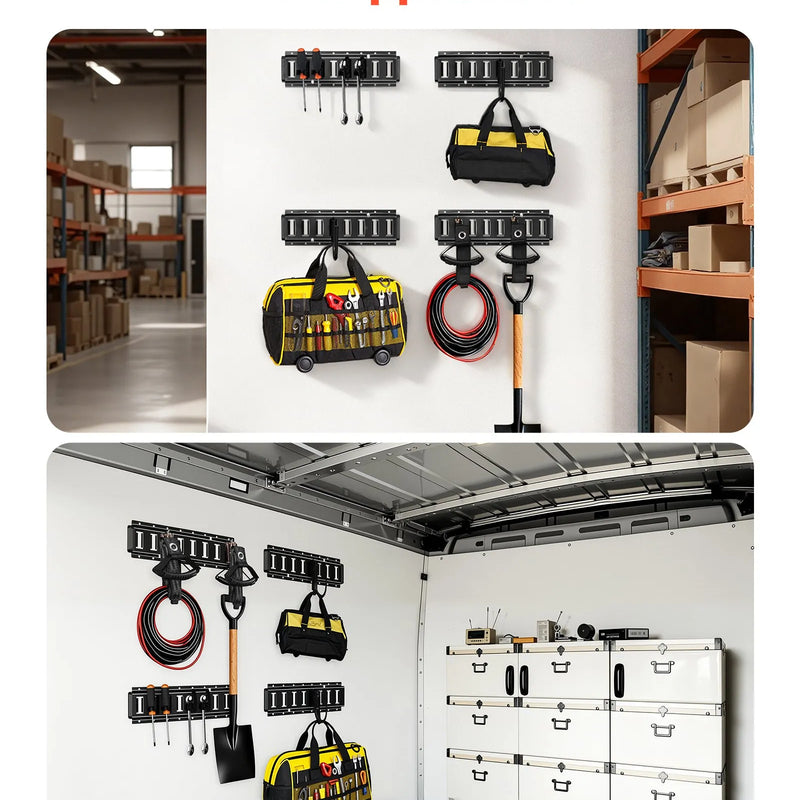 VEVOR E-Track nostiprināšanas sliežu komplekts, 4 gab., 0,4 m E-Track sliedes, 2 U veida āķi, 2 instrumentu turētāji, 2 sliežu plauktu kronšteini, 2 riepu turētāji, 2 kabeļu glabāšanas riņķi, 8 gala vāciņi un 1 soma, piemērots furgoniem un piekabēm
