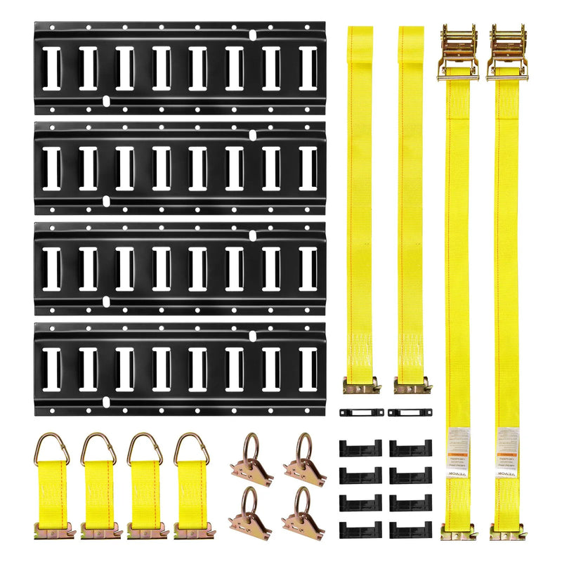 VEVOR E-Track nostiprināšanas sliežu komplekts, 4 gab., 0,4 m E-Track sliedes, 21 daļa: 2 siksnas ar sprādzi, 4 O-gredzeni, 4 D-gredzenu stiprinājumi, 2 vienas atveres turētāji, 8 gala vāciņi, 1 soma, piemērots garāžām, furgoniem un piekabēm