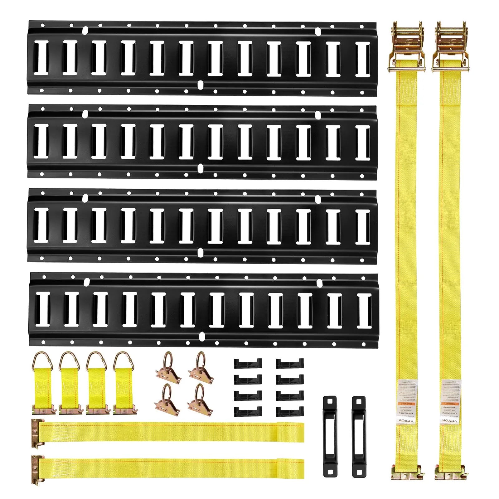 VEVOR E-Track nostiprināšanas sliežu komplekts, 4 gab., 0,6 m E-Track sliedes, 20 daļas: 2 siksnas ar sprādzi, 4 O-gredzeni, 4 D-gredzenu stiprinājumi, 2 vienas atveres turētāji, 8 gala vāciņi, piemērots garāžām, furgoniem un piekabēm