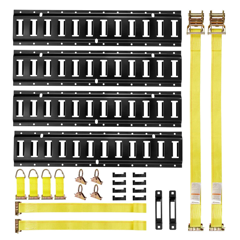 VEVOR E-Track nostiprināšanas sliežu komplekts, 4 gab., 0,6 m E-Track sliedes, 20 daļas: 2 siksnas ar sprādzi, 4 O-gredzeni, 4 D-gredzenu stiprinājumi, 2 vienas atveres turētāji, 8 gala vāciņi, piemērots garāžām, furgoniem un piekabēm