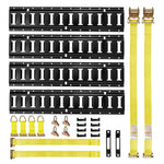 VEVOR E-Track nostiprināšanas sliežu komplekts, 4 gab., 0,6 m E-Track sliedes, 20 daļas: 2 siksnas ar sprādzi, 4 O-gredzeni, 4 D-gredzenu stiprinājumi, 2 vienas atveres turētāji, 8 gala vāciņi, piemērots garāžām, furgoniem un piekabēm