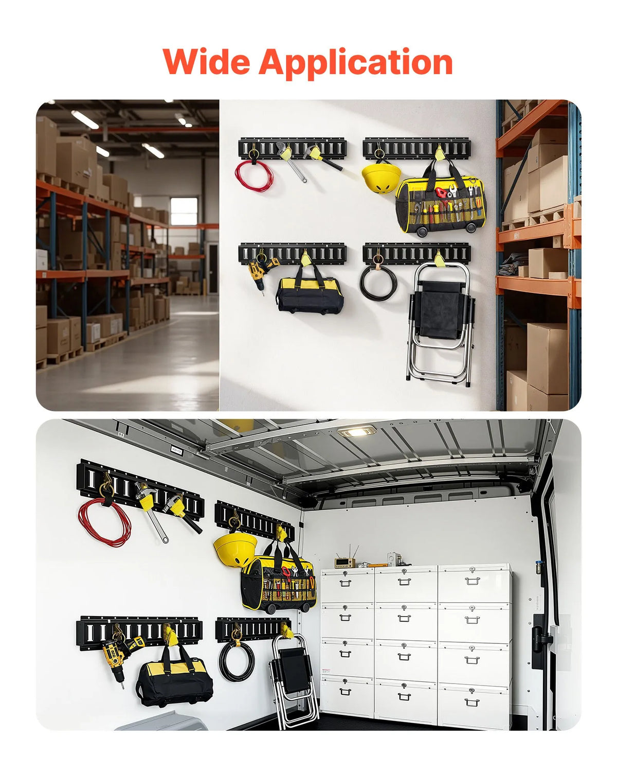 VEVOR E-Track nostiprināšanas sliežu komplekts, 4 gab., 0,6 m E-Track sliedes, 20 daļas: 2 siksnas ar sprādzi, 4 O-gredzeni, 4 D-gredzenu stiprinājumi, 2 vienas atveres turētāji, 8 gala vāciņi, piemērots garāžām, furgoniem un piekabēm