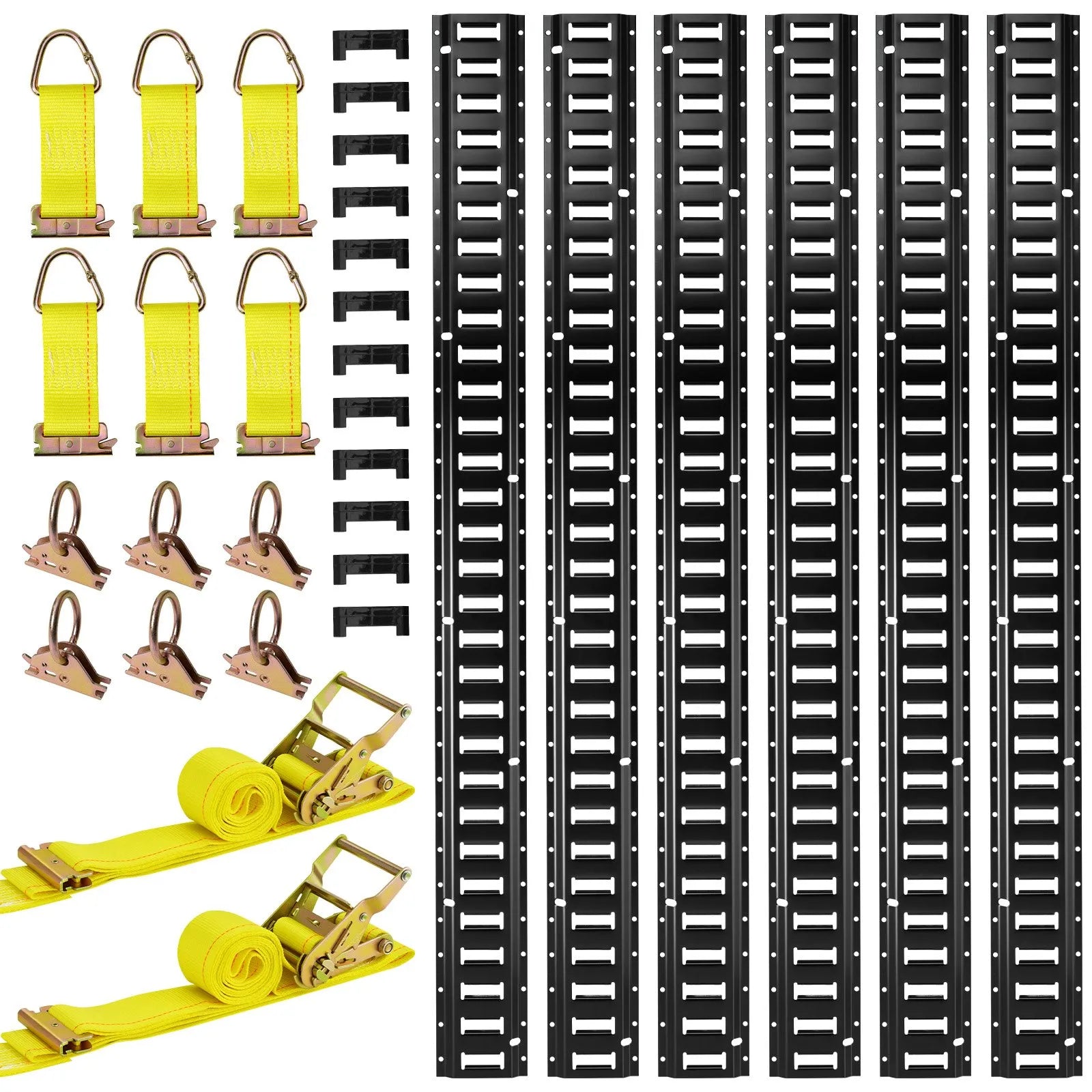 VEVOR E-Track nostiprināšanas sliežu komplekts, 6 gab., 1,5 m E-Track sliedes, 26 daļas, ieskaitot 2 siksnas ar sprādzi, 6 O gredzenus, 6 D gredzenu stiprinājumus un 12 gala vāciņus, piemērots garāžām, furgoniem, piekabēm un motocikliem