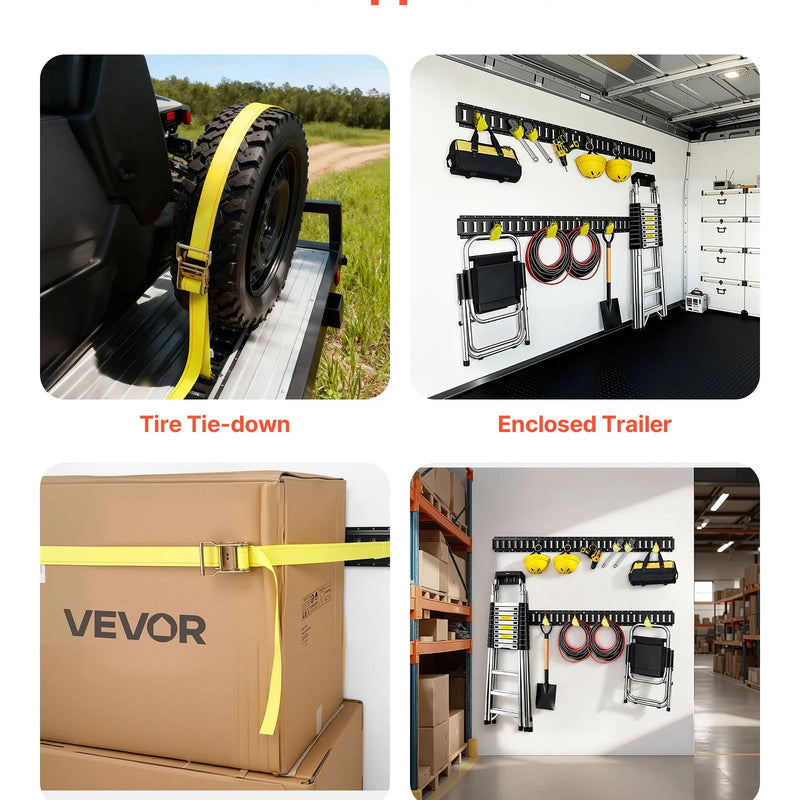 VEVOR E-Track nostiprināšanas sliežu komplekts, 6 gab., 1,5 m E-Track sliedes, 26 daļas, ieskaitot 2 siksnas ar sprādzi, 6 O gredzenus, 6 D gredzenu stiprinājumus un 12 gala vāciņus, piemērots garāžām, furgoniem, piekabēm un motocikliem