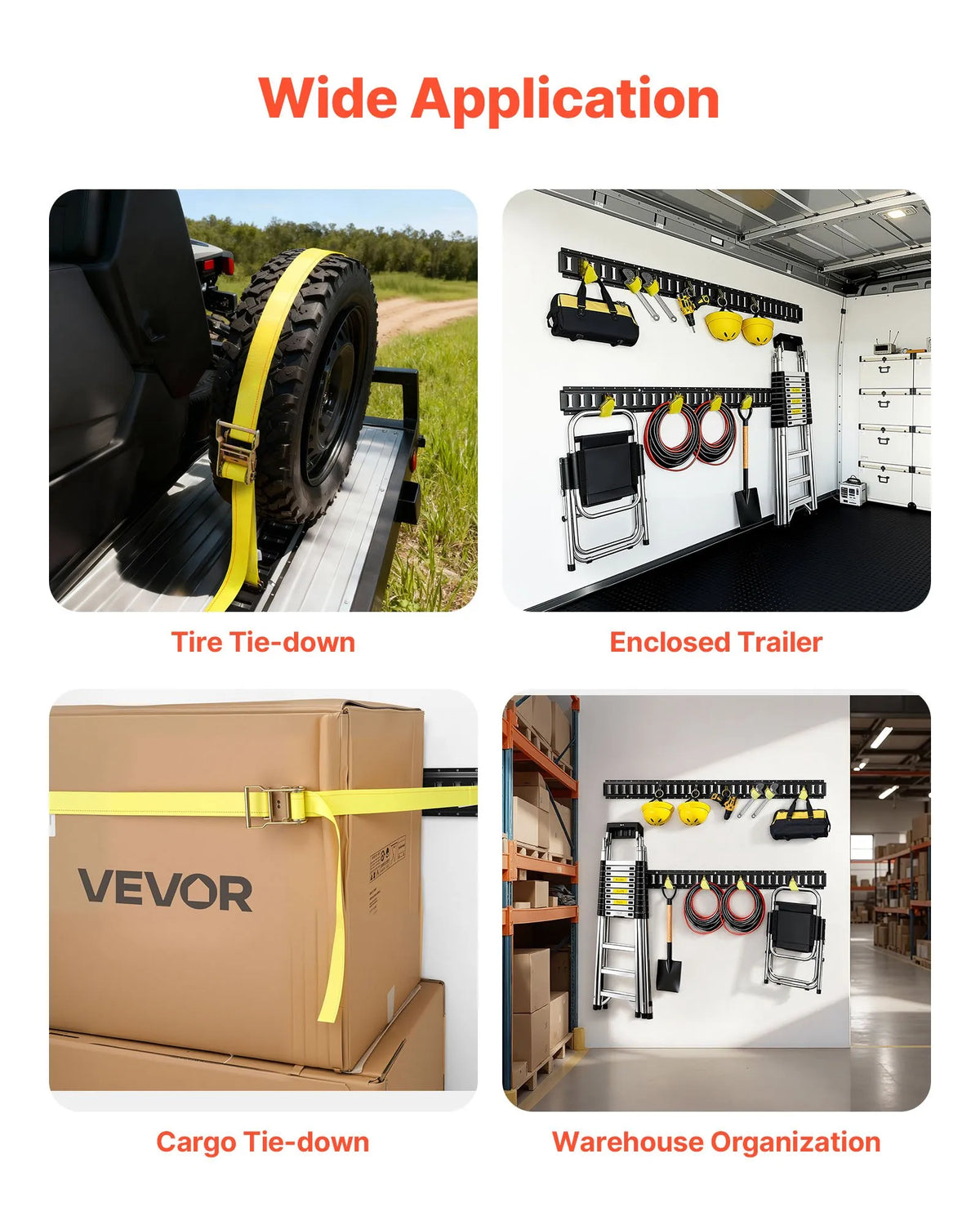 VEVOR E-Track nostiprināšanas sliežu komplekts, 6 gab., 1,5 m E-Track sliedes, 26 daļas, ieskaitot 2 siksnas ar sprādzi, 6 O gredzenus, 6 D gredzenu stiprinājumus un 12 gala vāciņus, piemērots garāžām, furgoniem, piekabēm un motocikliem