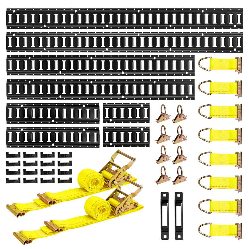 VEVOR E-Track nostiprināšanas sliežu komplekts, 8 gab. (1,5 m+1,2 m+0,6 m+0,3 m), 36 daļas: 2 siksnas ar sprādzi, 8 O-gredzeni, 8 D-gredzenu stiprinājumi, 2 vienas atveres turētāji, 16 gala vāciņi, piemērots furgoniem un piekabēm