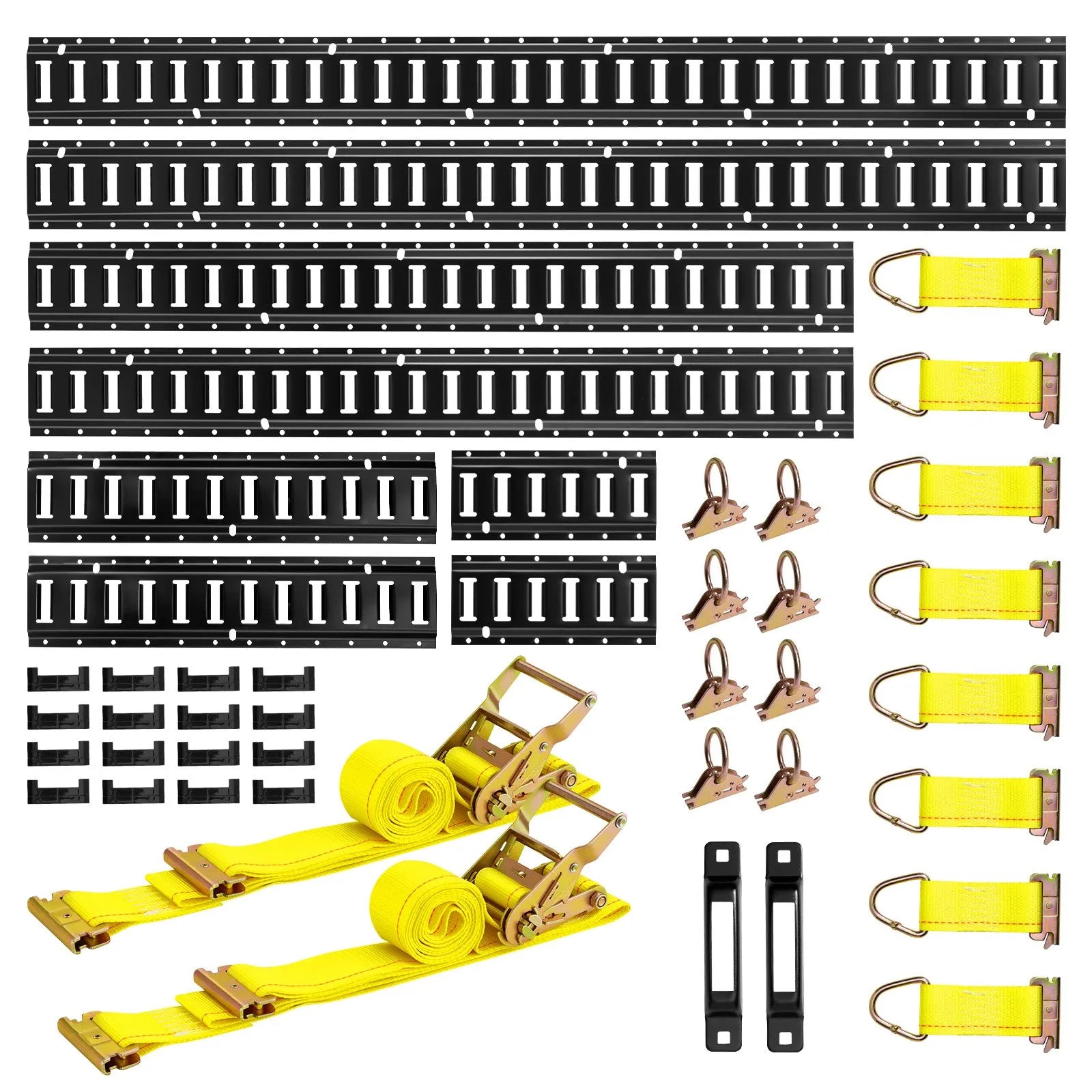 VEVOR E-Track nostiprināšanas sliežu komplekts, 8 gab. (1,5 m+1,2 m+0,6 m+0,3 m), 36 daļas: 2 siksnas ar sprādzi, 8 O-gredzeni, 8 D-gredzenu stiprinājumi, 2 vienas atveres turētāji, 16 gala vāciņi, piemērots furgoniem un piekabēm