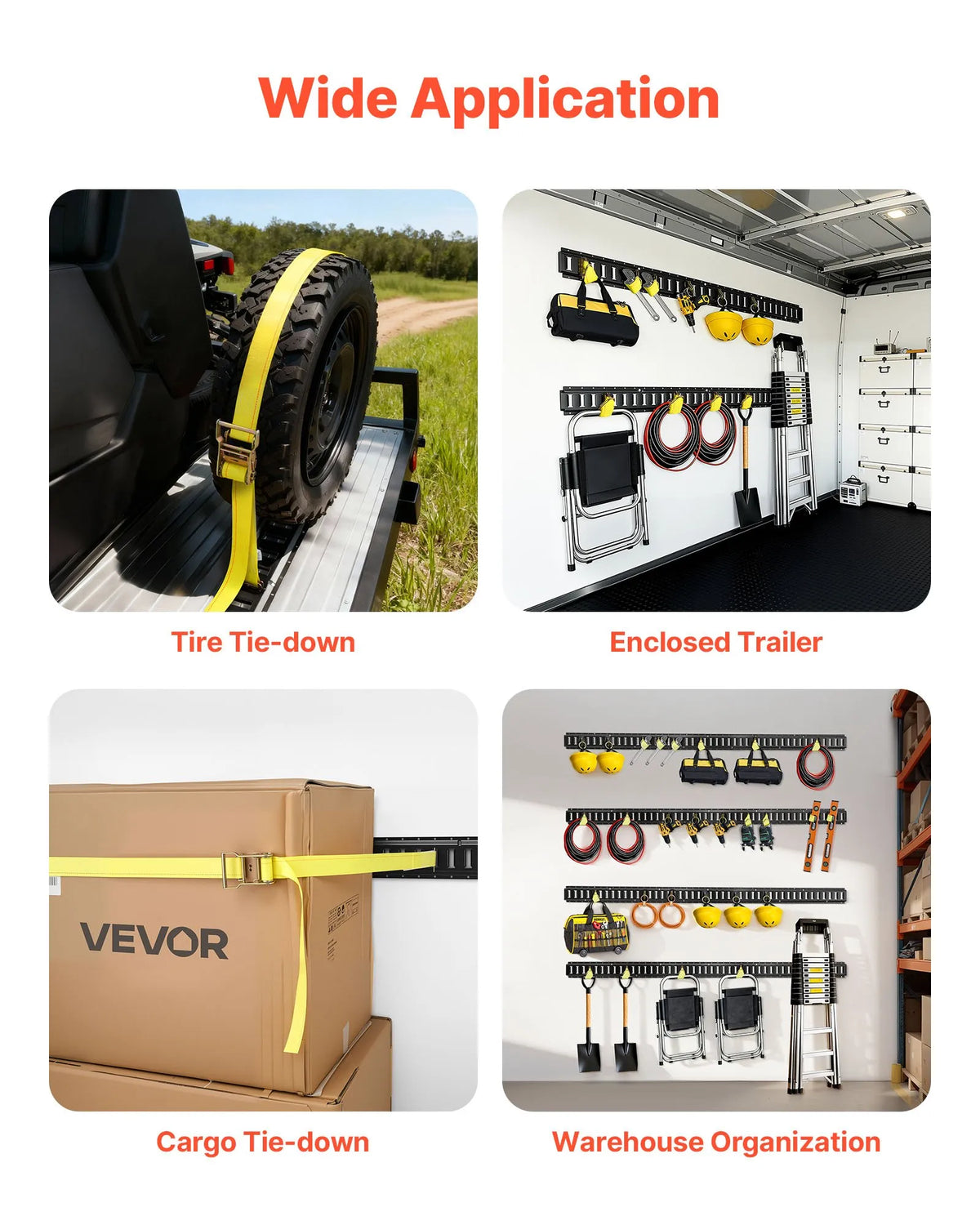 VEVOR E-Track nostiprināšanas sliežu komplekts, 8 gab. (1,5 m+1,2 m+0,6 m+0,3 m), 36 daļas: 2 siksnas ar sprādzi, 8 O-gredzeni, 8 D-gredzenu stiprinājumi, 2 vienas atveres turētāji, 16 gala vāciņi, piemērots furgoniem un piekabēm