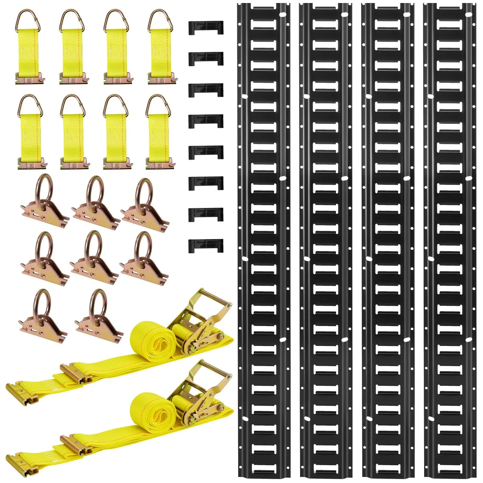 VEVOR E-Track nostiprināšanas sliežu komplekts, 4 gab., 2,3 m E-Track sliedes, 26 daļas: 2 siksnas ar sprādzi, 8 O-gredzeni, 8 D-gredzenu stiprinājumi, 8 gala vāciņi, piemērots garāžām, furgoniem, piekabēm un motocikliem