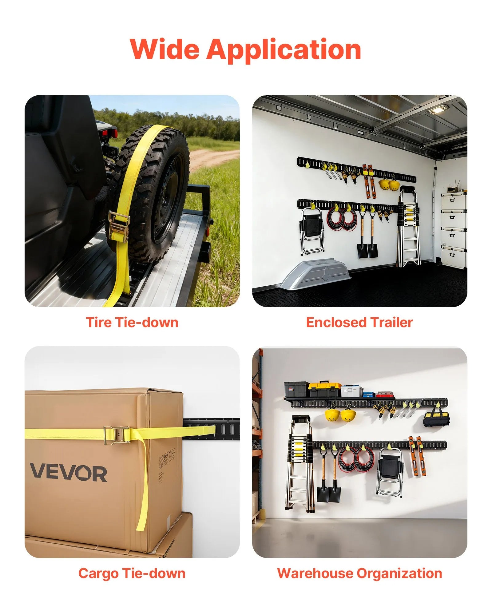 VEVOR E-Track nostiprināšanas sliežu komplekts, 4 gab., 2,3 m E-Track sliedes, 26 daļas: 2 siksnas ar sprādzi, 8 O-gredzeni, 8 D-gredzenu stiprinājumi, 8 gala vāciņi, piemērots garāžām, furgoniem, piekabēm un motocikliem