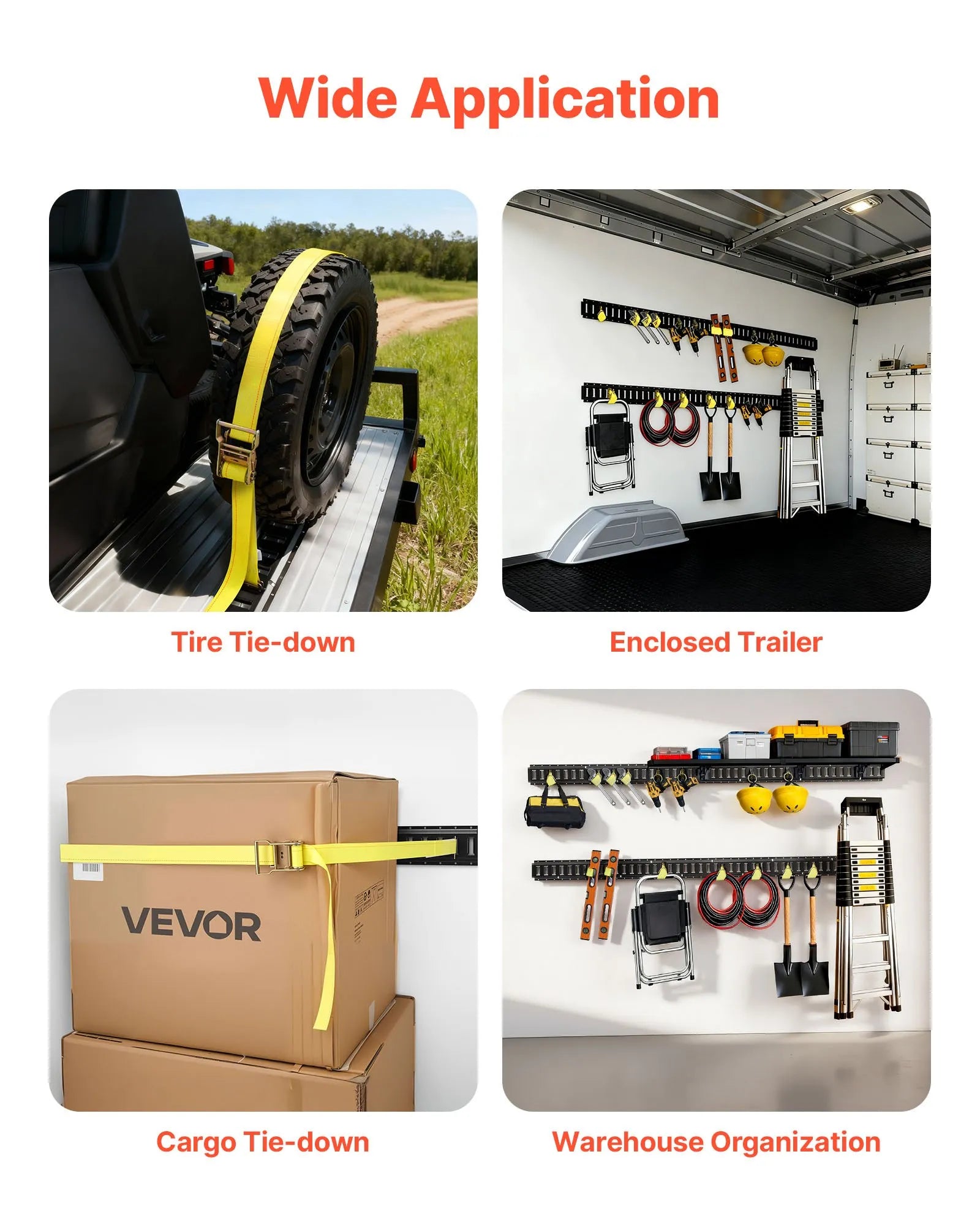 VEVOR E-Track nostiprināšanas sliedes, 4 gab., 2,3 m sliedes, nodrošina kravas un smagu priekšmetu nostiprināšanu līdz 909 kg, piemērots garāžām, furgoniem, motociklu un ATV stiprinājumiem