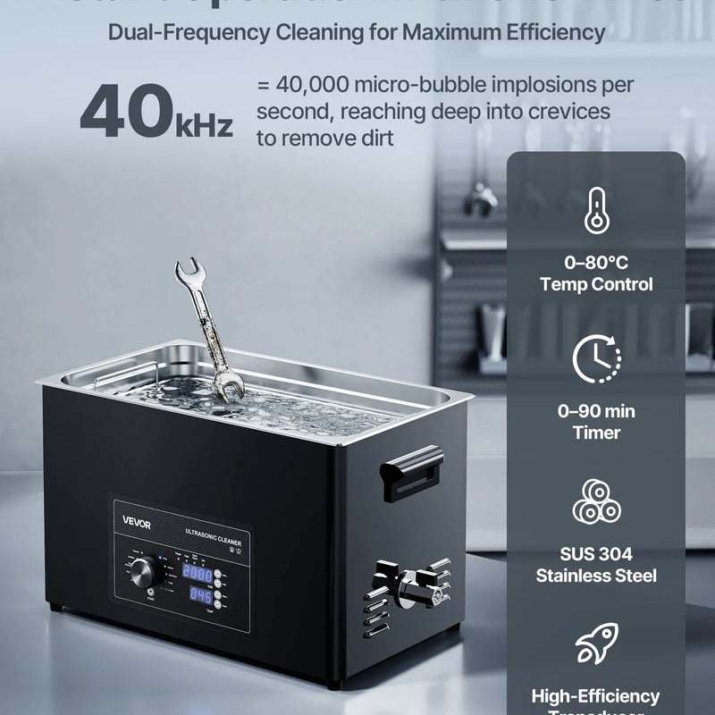VEVOR 30 l ultraskaņas tīrītājs ar regulatora vadību, profesionāla nerūsējošā tērauda tīrīšanas iekārta ar grozu un tīrīšanas bumbiņu pulksteņiem, rotaslietām, monētām un citiem priekšmetiem