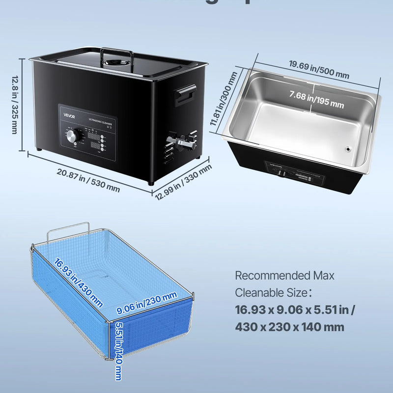 VEVOR 30 l ultraskaņas tīrītājs ar regulatora vadību, profesionāla nerūsējošā tērauda tīrīšanas iekārta ar grozu un tīrīšanas bumbiņu pulksteņiem, rotaslietām, monētām un citiem priekšmetiem