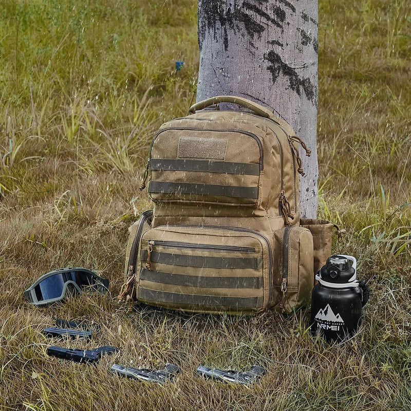 Taktiskā mugursoma 6 pistolēm — 6 atsevišķas somiņas, 10 magazīnas, aizslēdzama, brūna