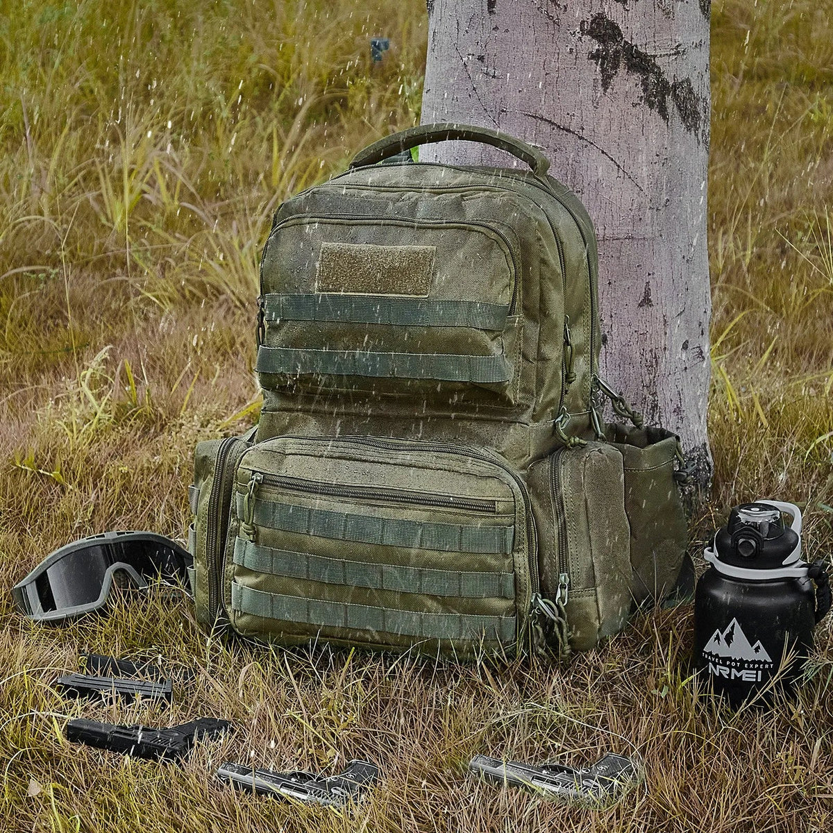 Taktiskā mugursoma 6 pistolēm — 6 atsevišķas somiņas, 10 magazīnas, aizslēdzama, zaļa