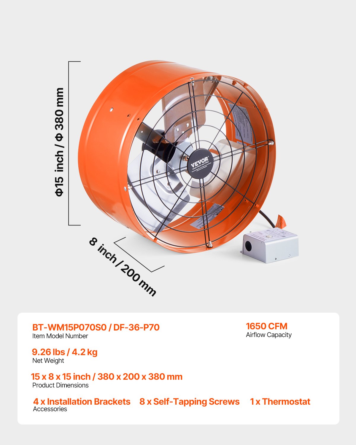 VEVOR 38 cm sienas stiprināmais bēniņu izplūdes ventilators, 2804 m³/h, ar regulējamu termostatu