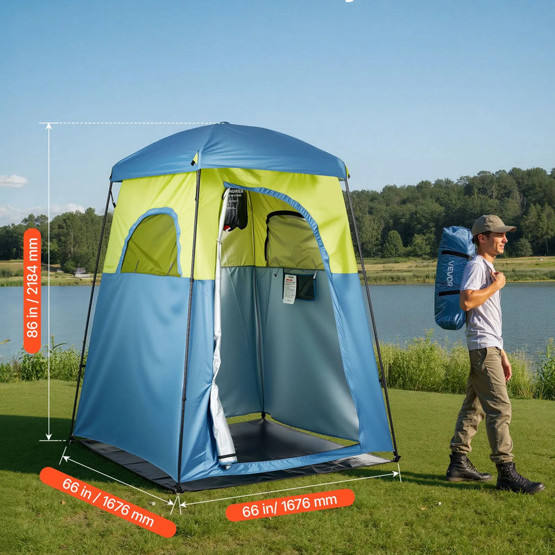 VEVOR kempinga dušas telts ar 1 nodalījumu, pārnēsājama privātuma telts pārģērbšanai ar dušas maisu, mietiņiem, stiprinājuma virvēm, pārnēsāšanas somu un atbalsta stieņiem, 150D Oksfordas audums ar sudraba pārklājumu, piemērota kempingam un makšķerēšanai