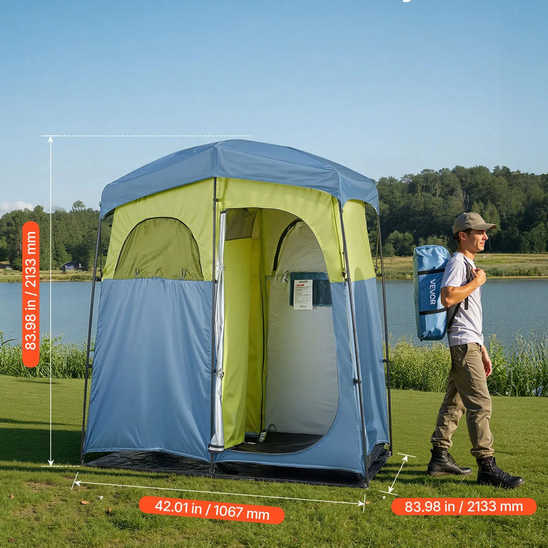 VEVOR kempinga dušas telts ar 2 nodalījumiem, pārnēsājama privātuma telts ar dušas maisu, mietiņiem, stiprinājuma virvēm, pārnēsāšanas somu un atbalsta stieņiem, 150D Oksfordas audums ar sudraba pārklājumu, piemērota kempingam un makšķerēšanai