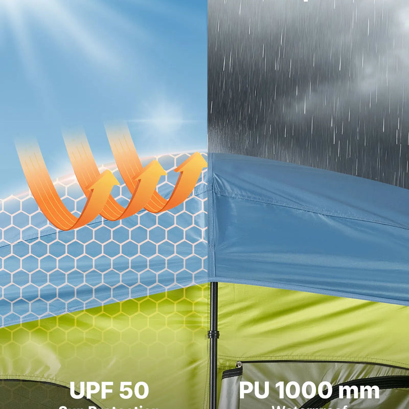 VEVOR kempinga dušas telts ar 2 nodalījumiem, pārnēsājama privātuma telts ar dušas maisu, mietiņiem, stiprinājuma virvēm, pārnēsāšanas somu un atbalsta stieņiem, 150D Oksfordas audums ar sudraba pārklājumu, piemērota kempingam un makšķerēšanai