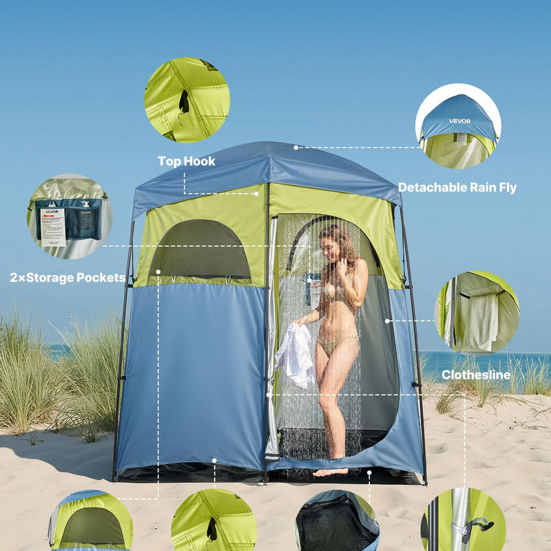 VEVOR kempinga dušas telts ar 2 nodalījumiem, pārnēsājama privātuma telts ar dušas maisu, mietiņiem, stiprinājuma virvēm, pārnēsāšanas somu un atbalsta stieņiem, 150D Oksfordas audums ar sudraba pārklājumu, piemērota kempingam un makšķerēšanai
