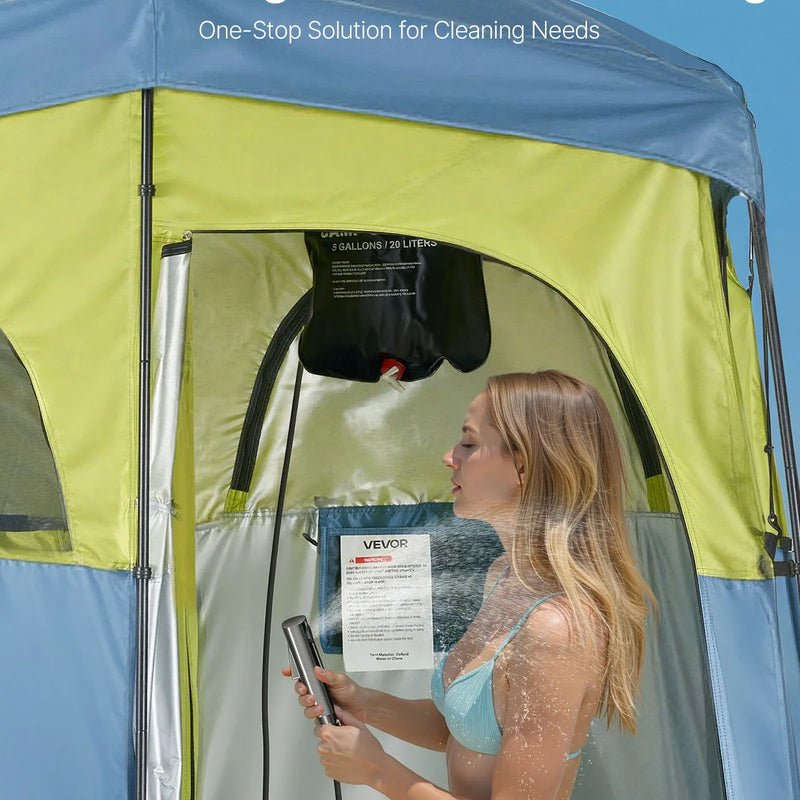 VEVOR kempinga dušas telts ar 2 nodalījumiem, pārnēsājama privātuma telts ar dušas maisu, mietiņiem, stiprinājuma virvēm, pārnēsāšanas somu un atbalsta stieņiem, 150D Oksfordas audums ar sudraba pārklājumu, piemērota kempingam un makšķerēšanai