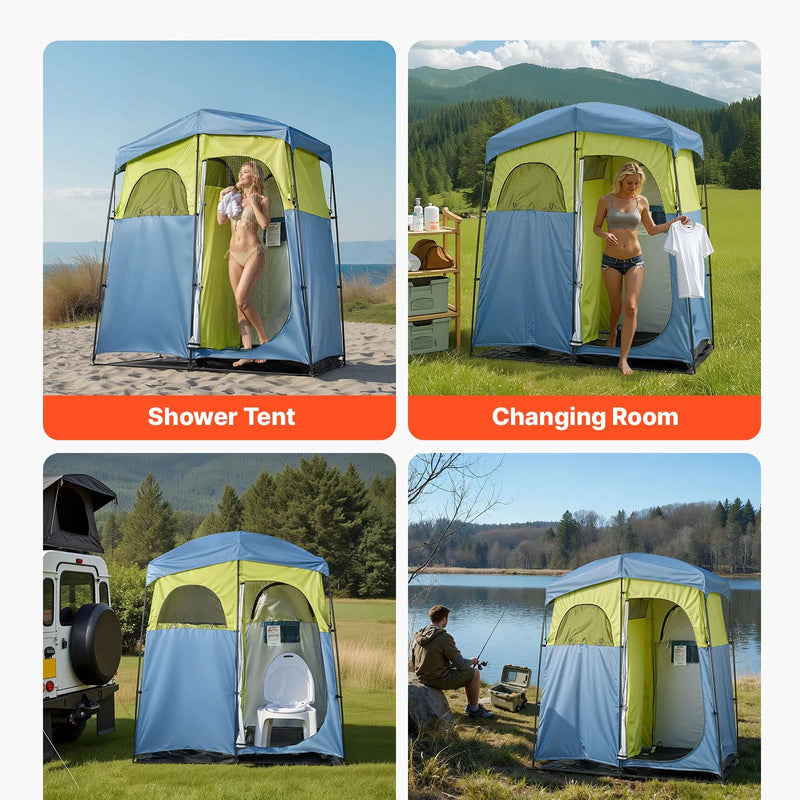 VEVOR kempinga dušas telts ar 2 nodalījumiem, pārnēsājama privātuma telts ar dušas maisu, mietiņiem, stiprinājuma virvēm, pārnēsāšanas somu un atbalsta stieņiem, 150D Oksfordas audums ar sudraba pārklājumu, piemērota kempingam un makšķerēšanai
